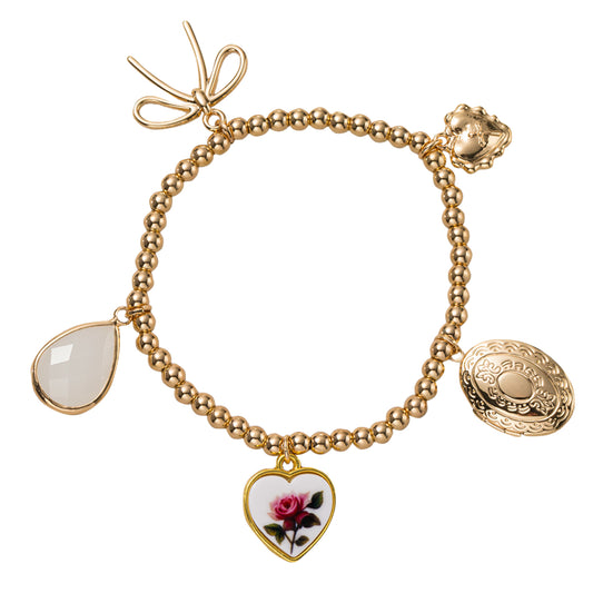 Gold Beaded Stretch Bracelet with Bow, Stone, Floral Heart, Locket, Flower Charms