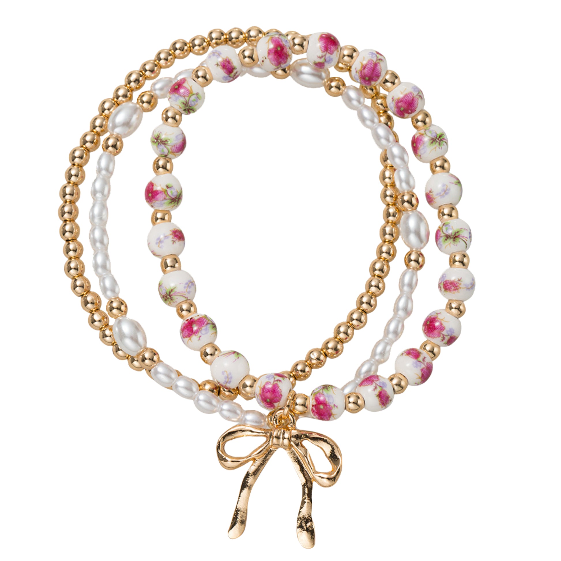 Gold, Pearl, Pink Floral Beaded Stretch Bracelet with Bow Charm