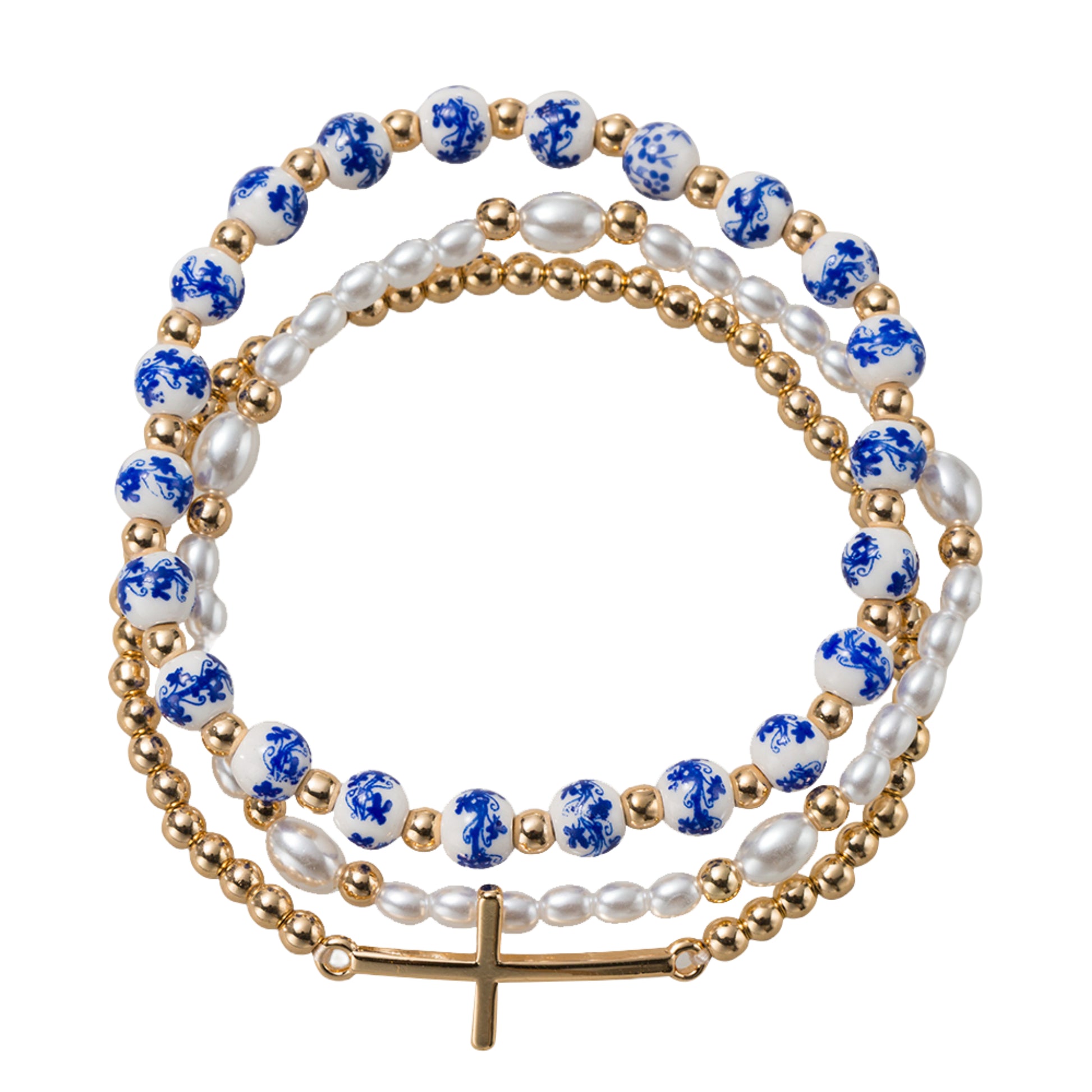 Blue Floral, Pearl, Gold Beaded Stretch Bracelet with Cross