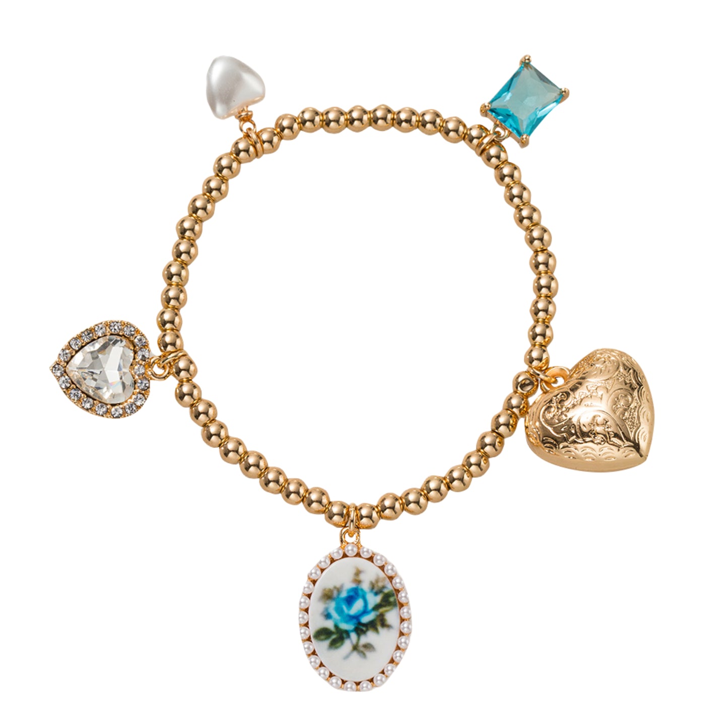 Gold Beaded Stretch Bracelet with Blue Flora Oval, Heart, Blue Crystal, Charms