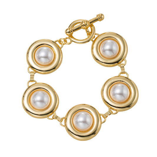 18k Gold Plated Station Chain Disks with Pearl Center Toggle Bracelet