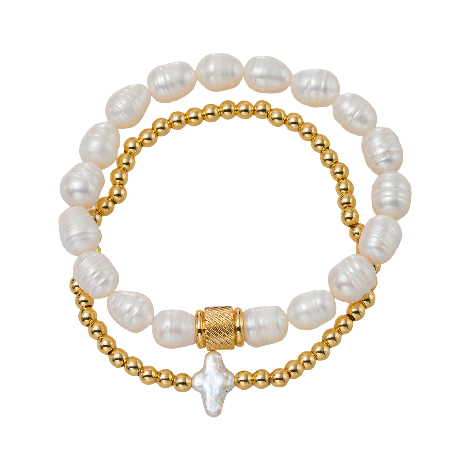 18k Gold Plated Set of 2 Pearl, Gold Beaded Stretch Bracelet with Pearl Cross