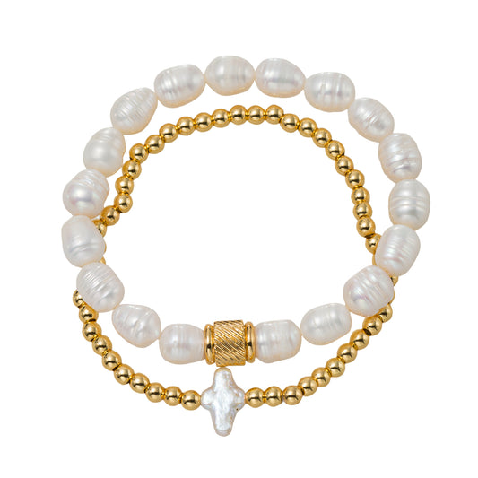 18k Gold Plated Set of 2 Pearl, Gold Beaded Stretch Bracelet with Pearl Cross