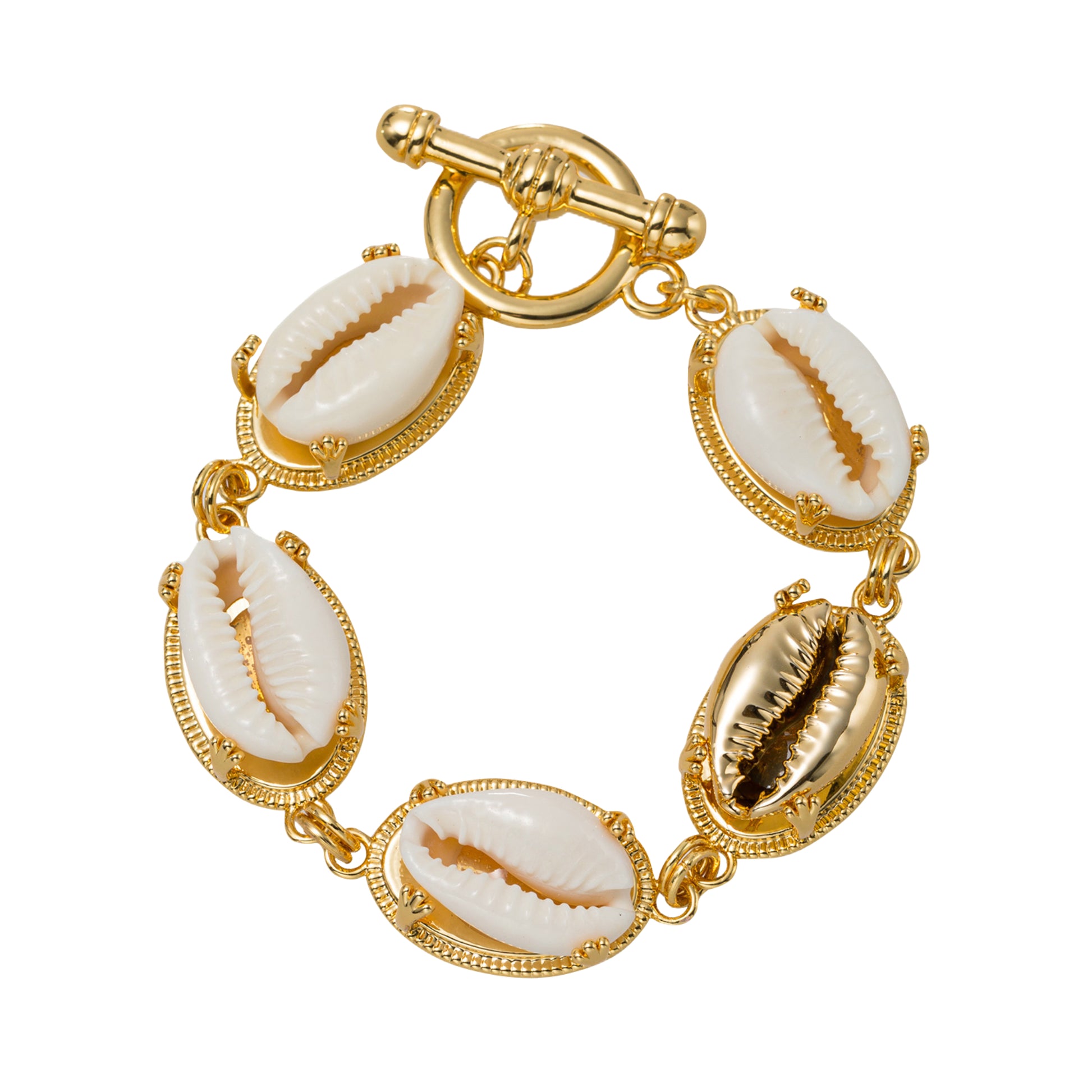 18k Gold Plated Gold, Pearl Station Chain Cowrie Shells Toggle Bracelet