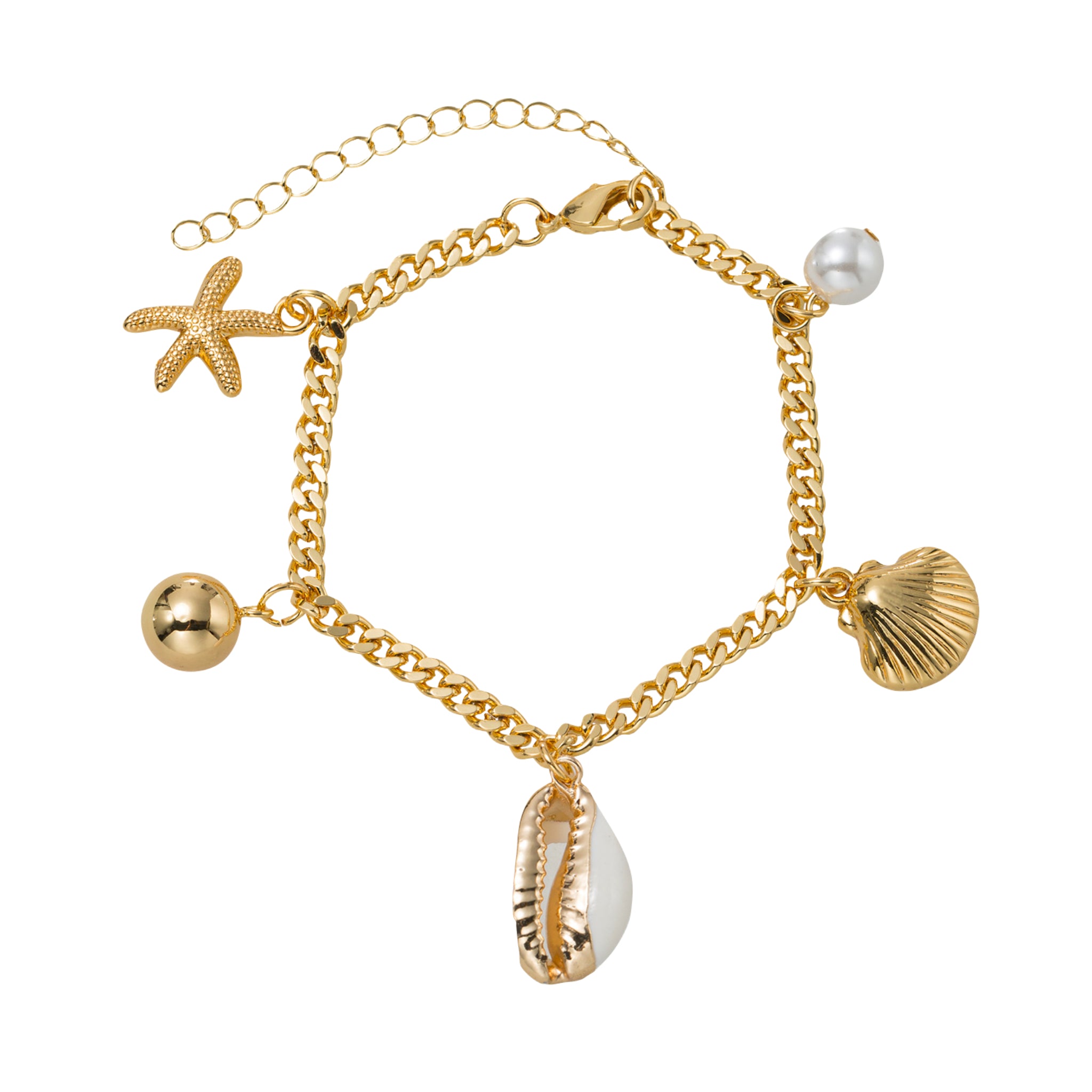 18k Gold Plated Gold Chain Lobster Bracelet with Pearl, Clam, Stawrfish, Cowrie Charms