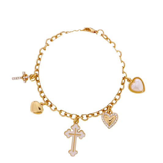 Kids Gold Circle Chain Bracelet with Crosses & Heart Charms