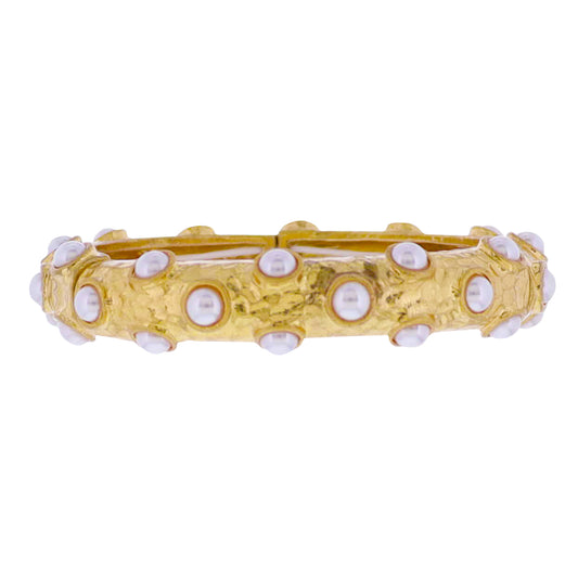 Gold Pearl Inlay Artisan Stretch Bangle Bracelet