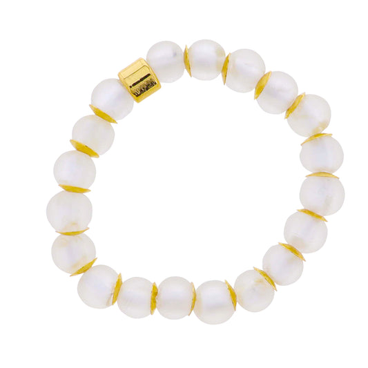 18k Gold Plated Clear Tumbled Glass Beaded Stretch Bracelet with Gold Bar