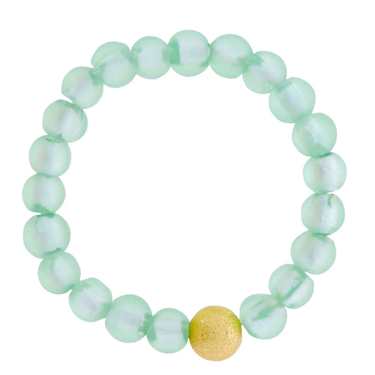 18k Gold Plated Mint Tumbled Glass Beaded Stretch Bracelet with Gold Textured Ball