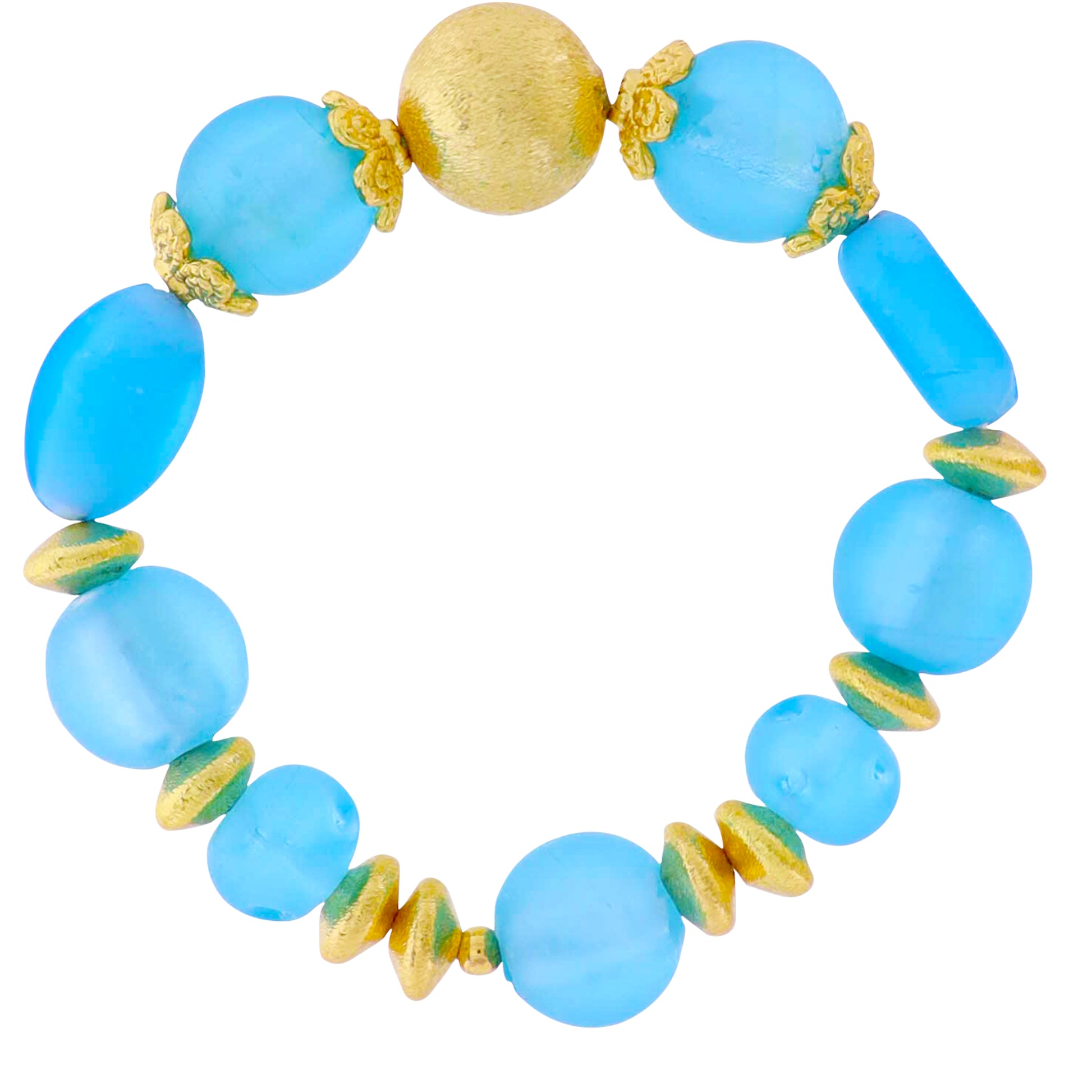 18k Gold Plated Blue Tumbled Glass Beaded Stretch Bracelet with Gold Ball and Spacers
