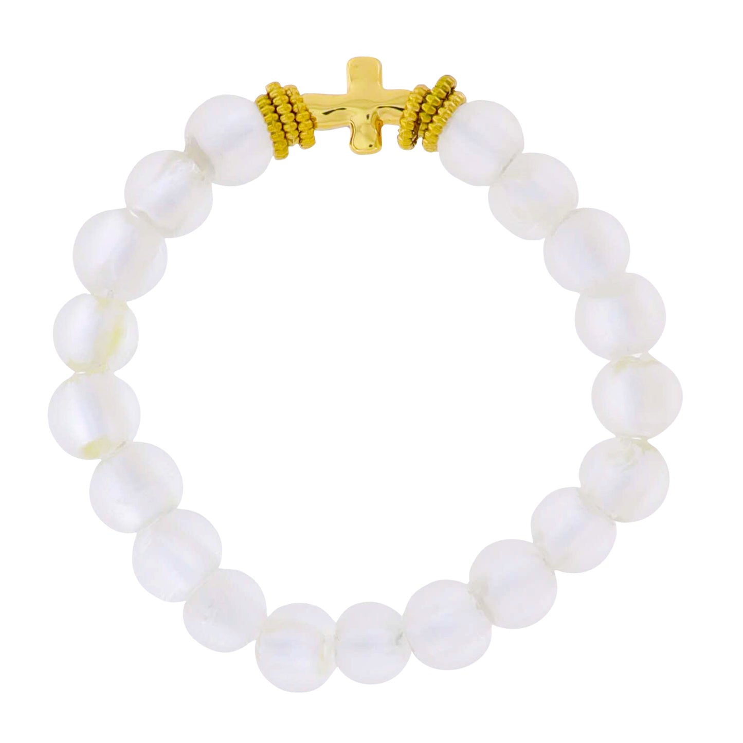 18k Gold Plated Clear Tumbled Glass Beaded Stretch Bracelet with Gold Cross