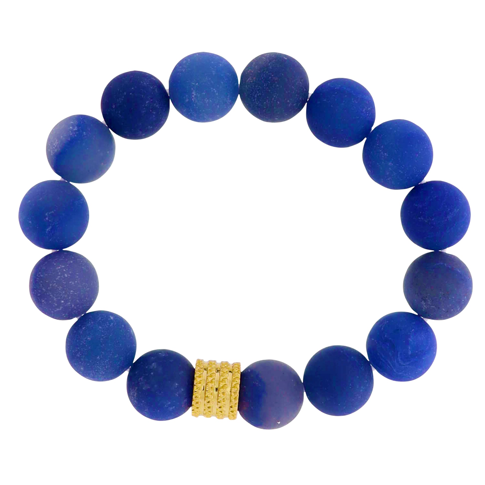 18k Gold Plated Navy Semi Precious Beaded Stretch Bracelet with Gold Decorative Rondelle