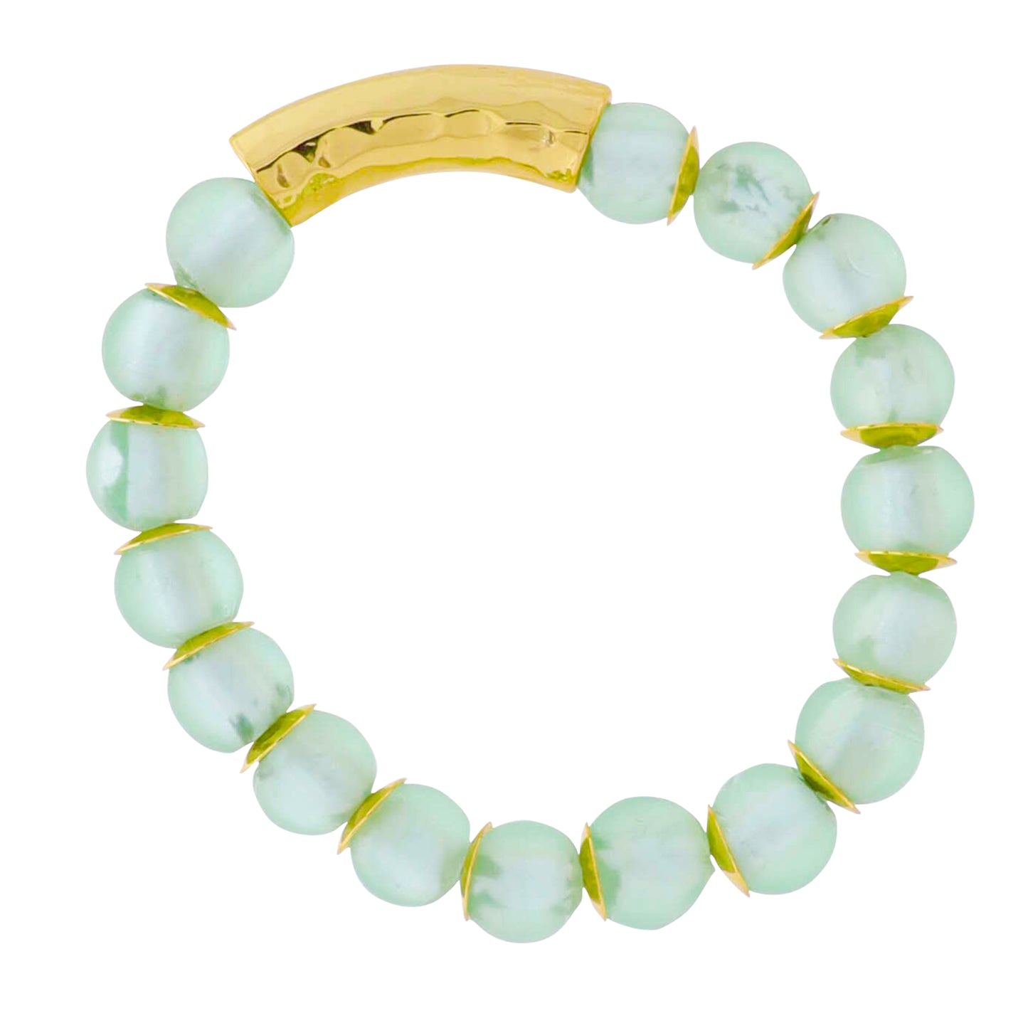 18k Gold Plated Mint Tumbled Glass Beaded Stretch Bracelet with Gold Hammered Bar