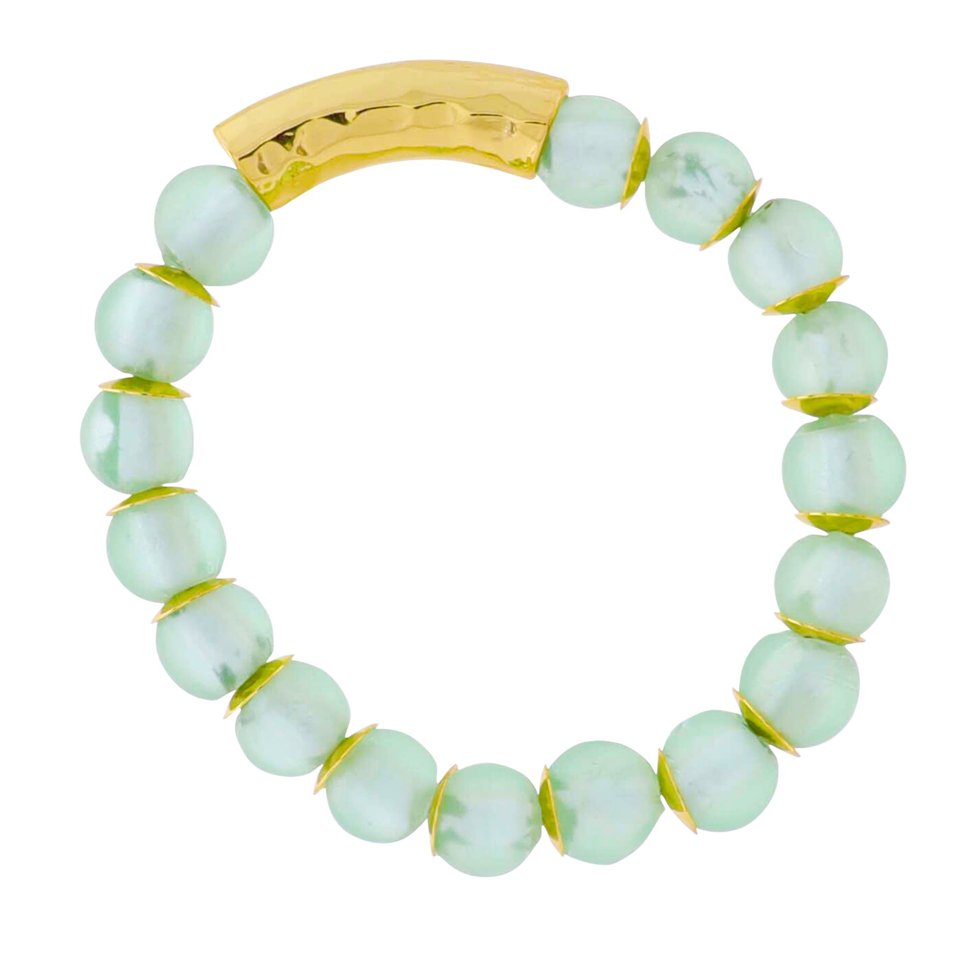 18k Gold Plated Mint Tumbled Glass Beaded Stretch Bracelet with Gold Hammered Bar