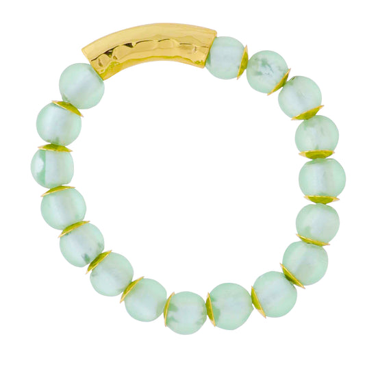 18k Gold Plated Mint Tumbled Glass Beaded Stretch Bracelet with Gold Hammered Bar