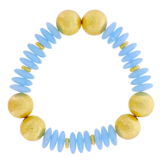 18k Gold Plated Light Blue Rondelle Beaded Stretch Bracelet with Gold Balls