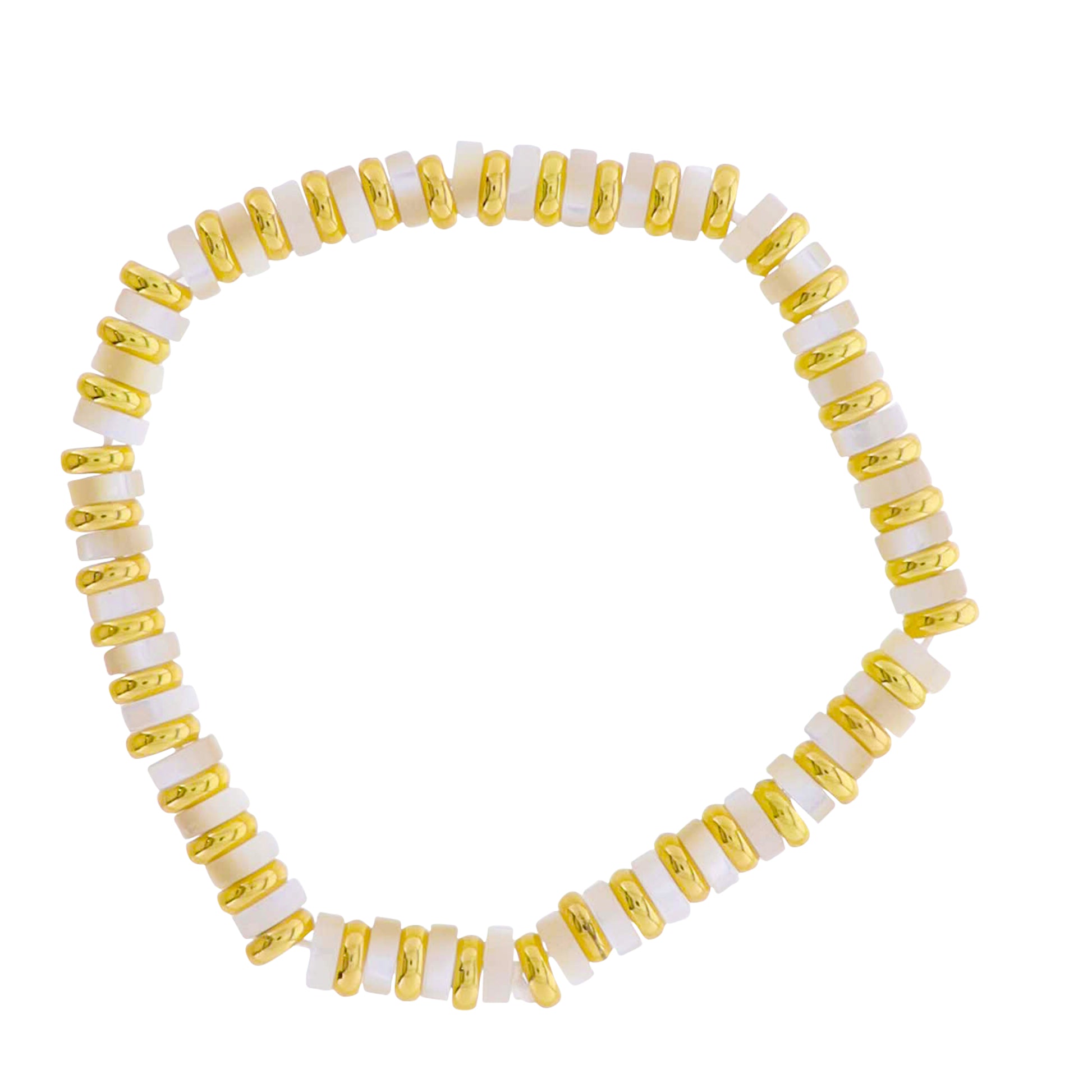 18k Gold Plated White Shell Beaded Stretch Bracelet with Gold Spacers