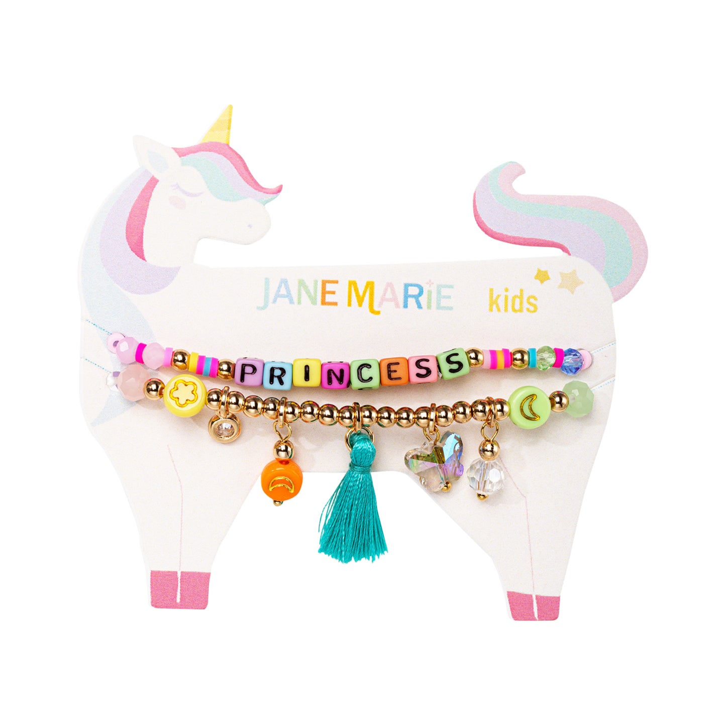 Kids Set of 2, Multi Charm Beaded Stretch Bracelet with "Princess"