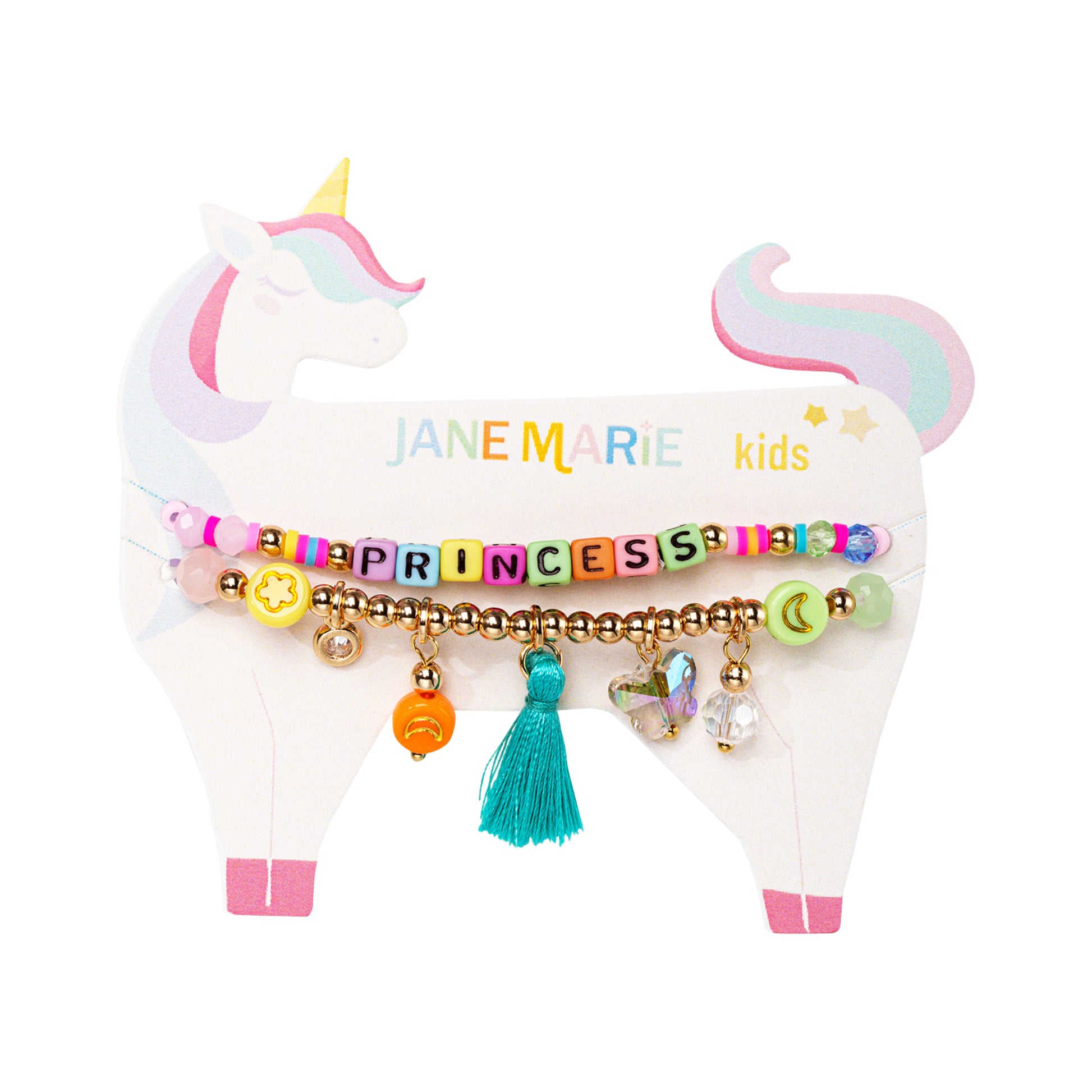 Kids Set of 2, Multi Charm Beaded Stretch Bracelet with "Princess"