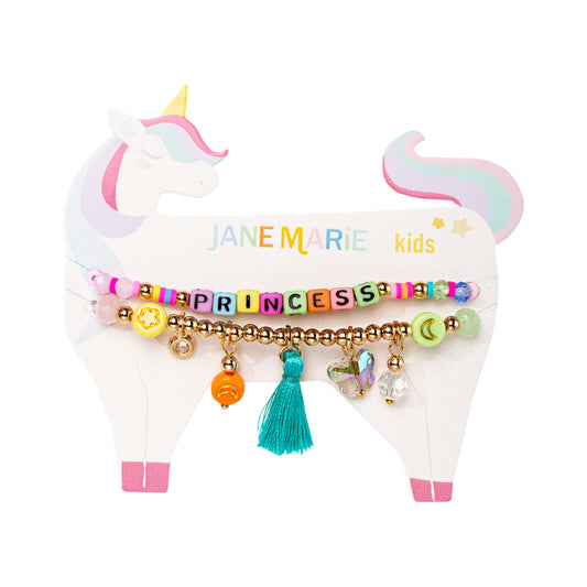 Kids Set of 2, Multi Charm Beaded Stretch Bracelet with "Princess"