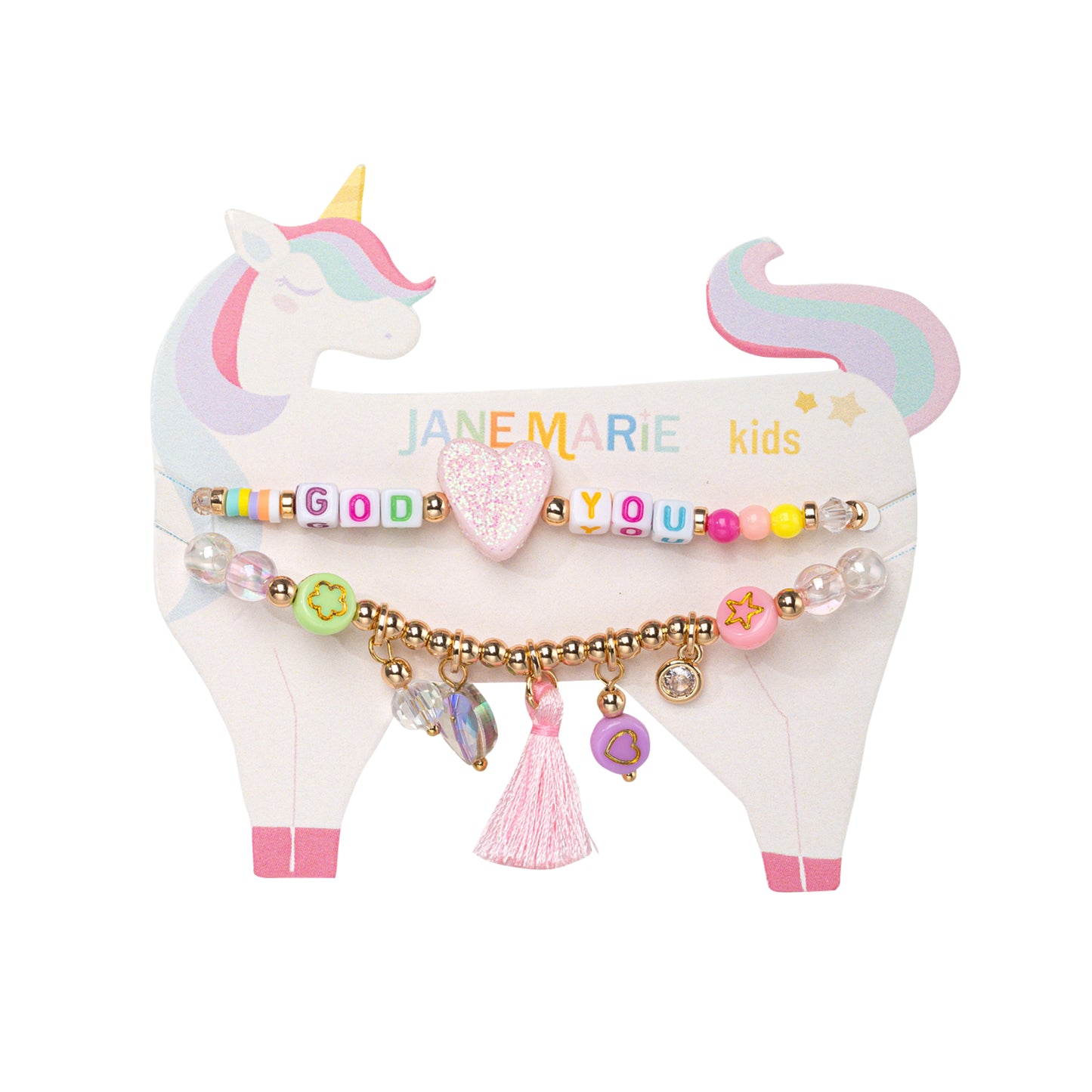 Kids Set of 2, Multi Charm Beaded Stretch Bracelet with "God Loves You"