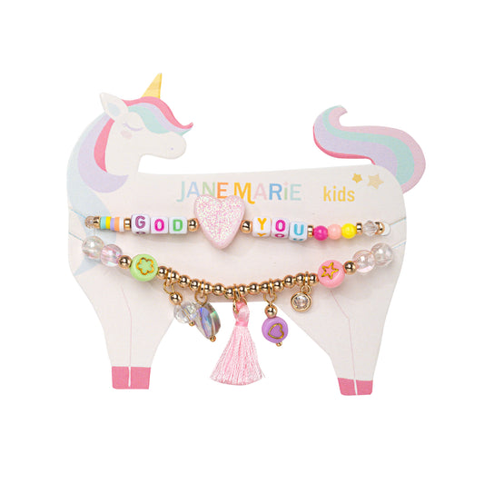 Kids Set of 2, Multi Charm Beaded Stretch Bracelet with "God Loves You"