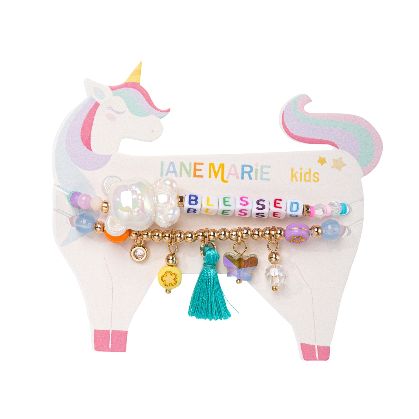 Kids Set of 2, Multi Charm Beaded Stretch Bracelet with "Blessed"