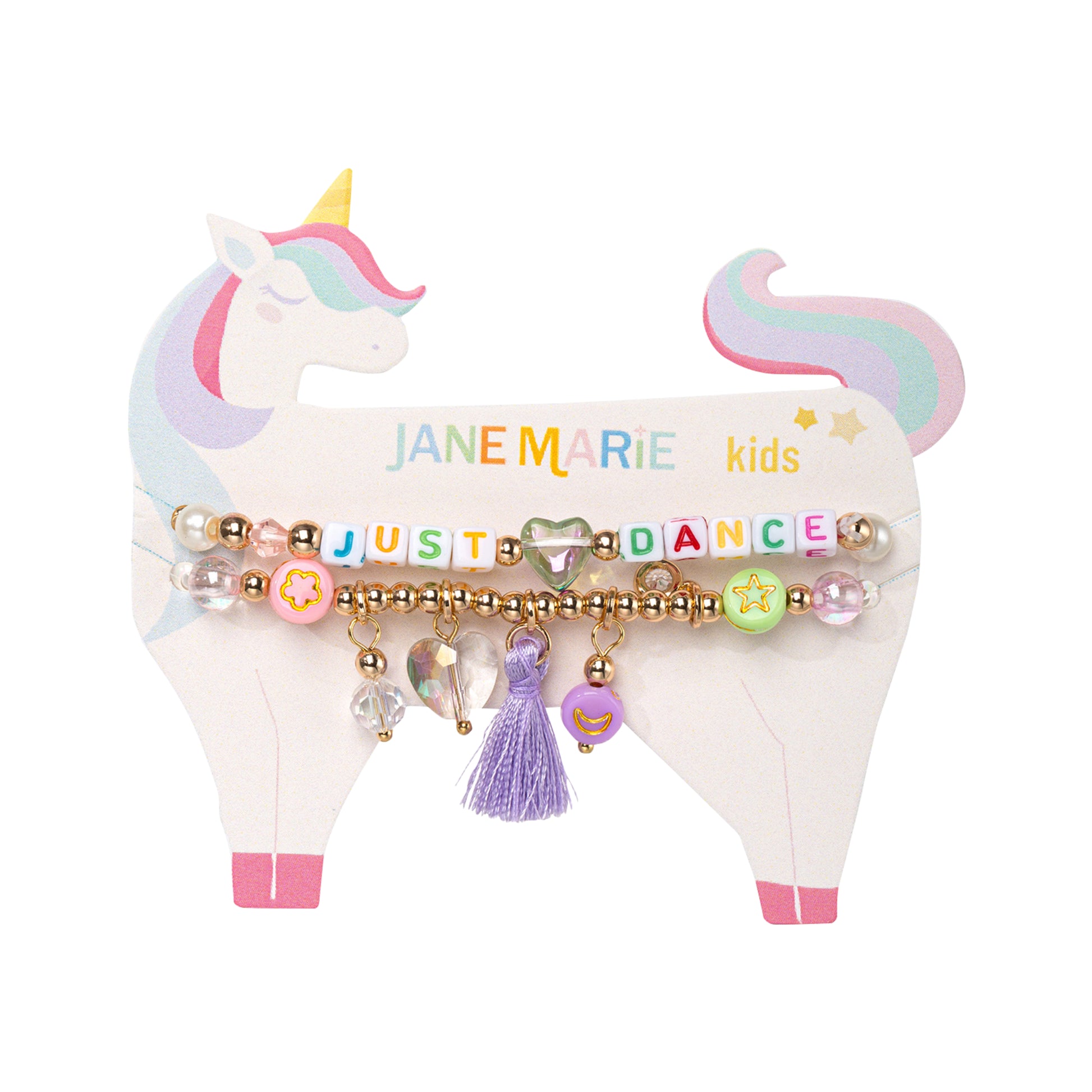 Kids Set of 2, Multi Charm Beaded Stretch Bracelet with "Just Dance"