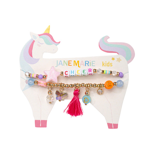Kids Set of 2, Multi Charm Beaded Stretch Bracelet with "Cheer"