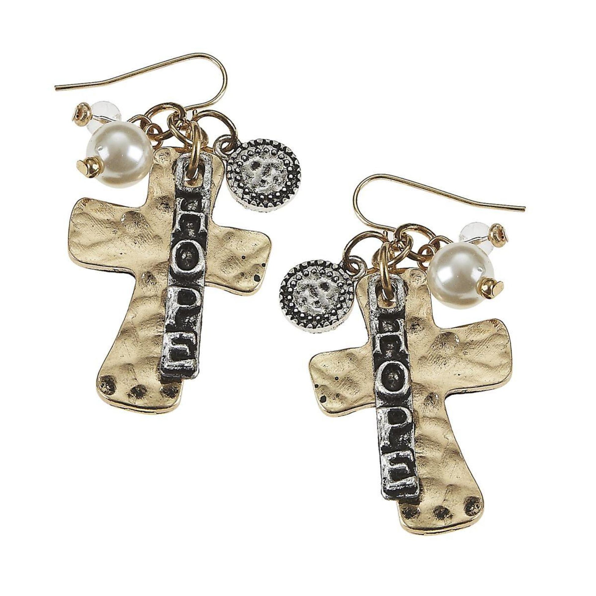 Antique Gold Cross Charm "Hope" Cluster Earring