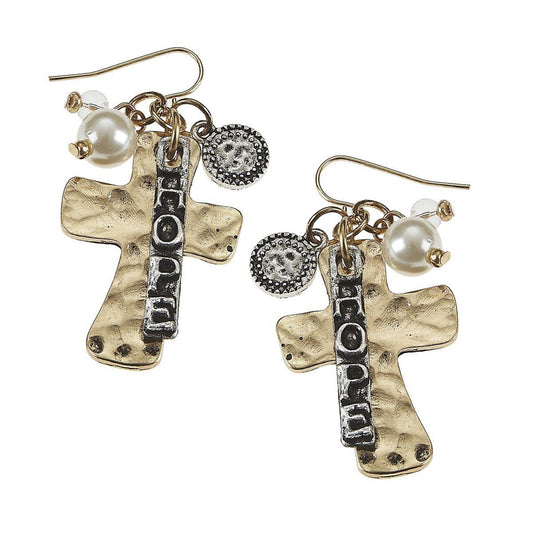 Antique Gold Cross Charm "Hope" Cluster Earring