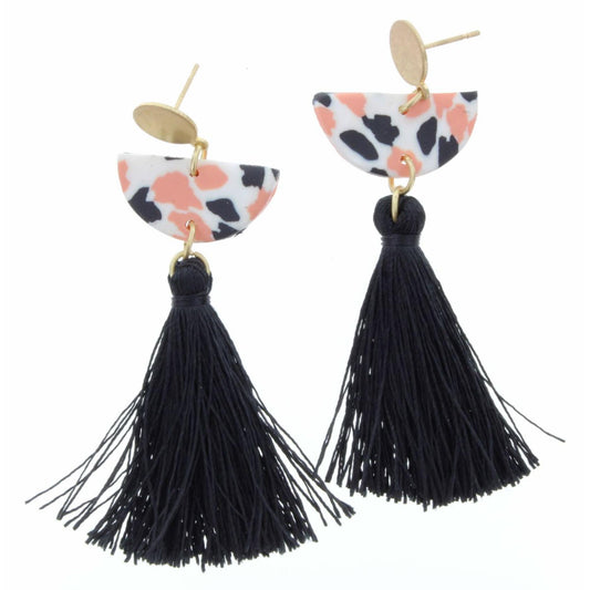 Gold Circle with Pink and Black Polymer and Black Tassel Earring