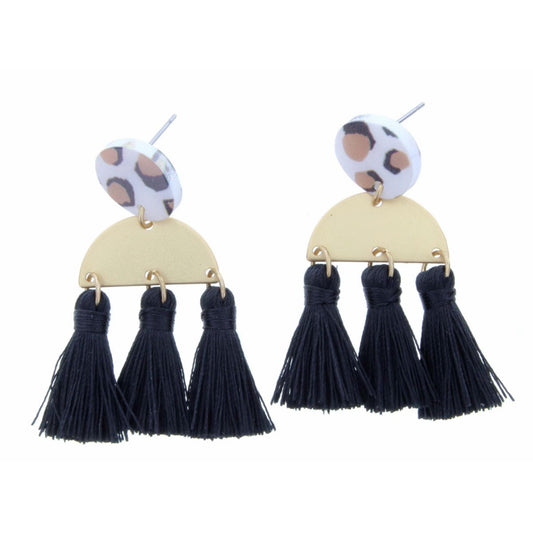 Leopard Circle with Gold Semi Circle and Black Tassels Earring