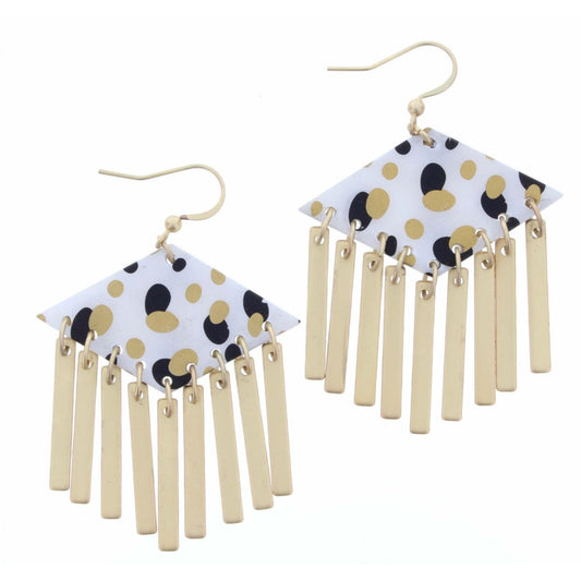 White Rhombus with Black and Gold Dot Pattern with Gold Rectangle Fringe Earring