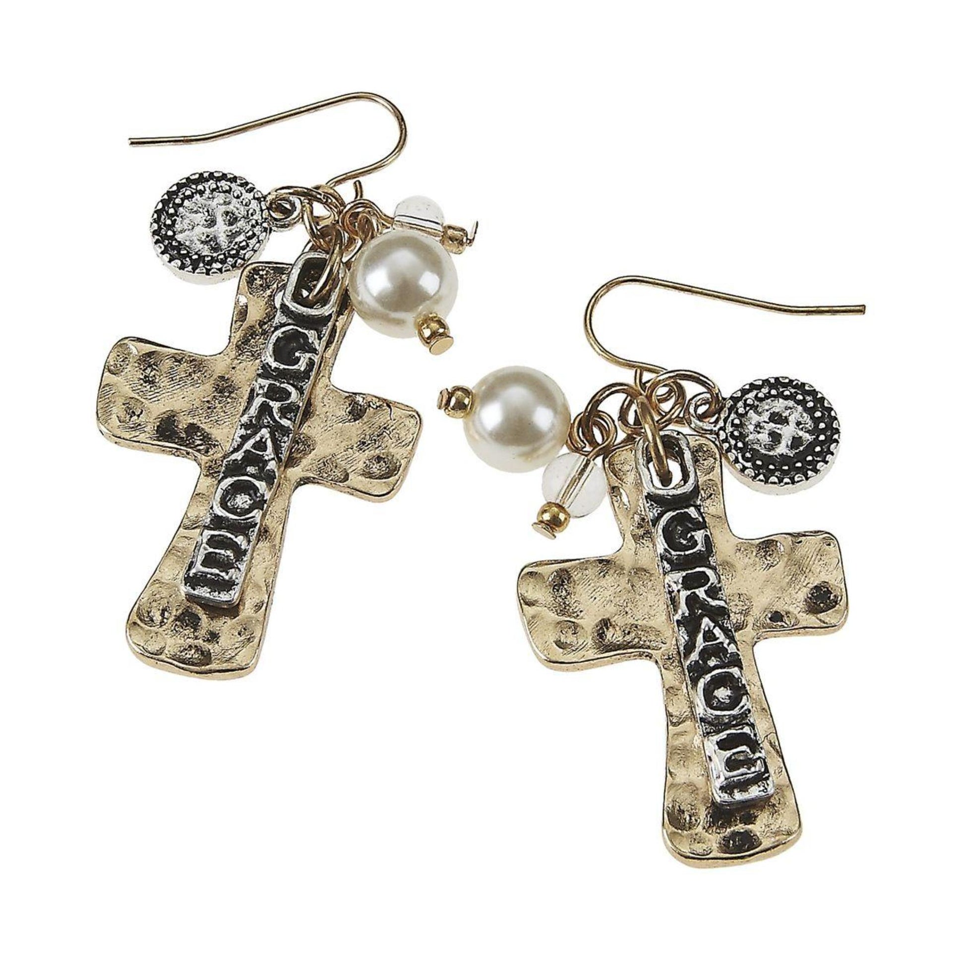 Antique Gold Cross Charm "Grace" Cluster Earring