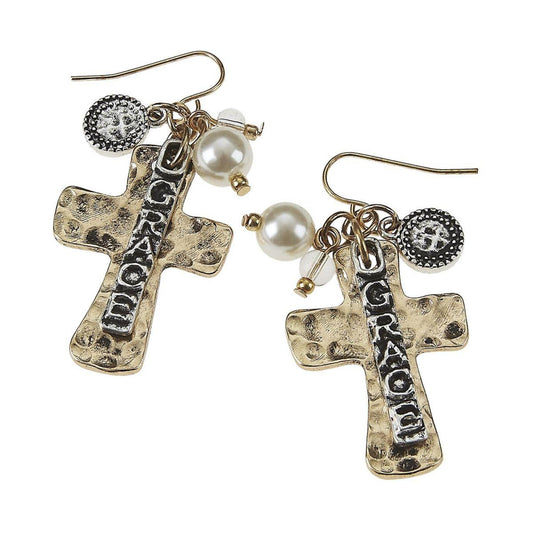Antique Gold Cross Charm "Grace" Cluster Earring
