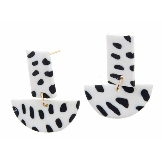 White Abstract Dot Rectangle and Semi-Circle Earring
