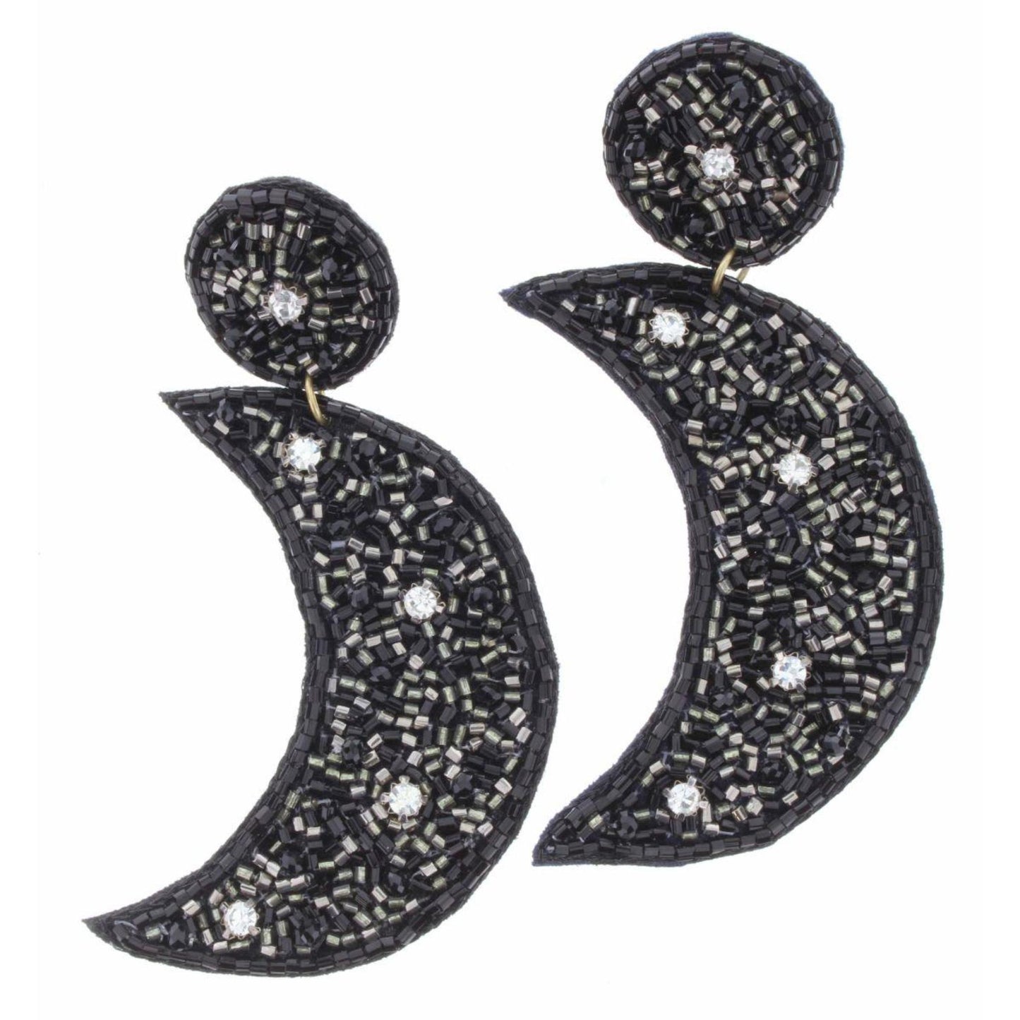 Black and Silver Beaded Moon Earrings