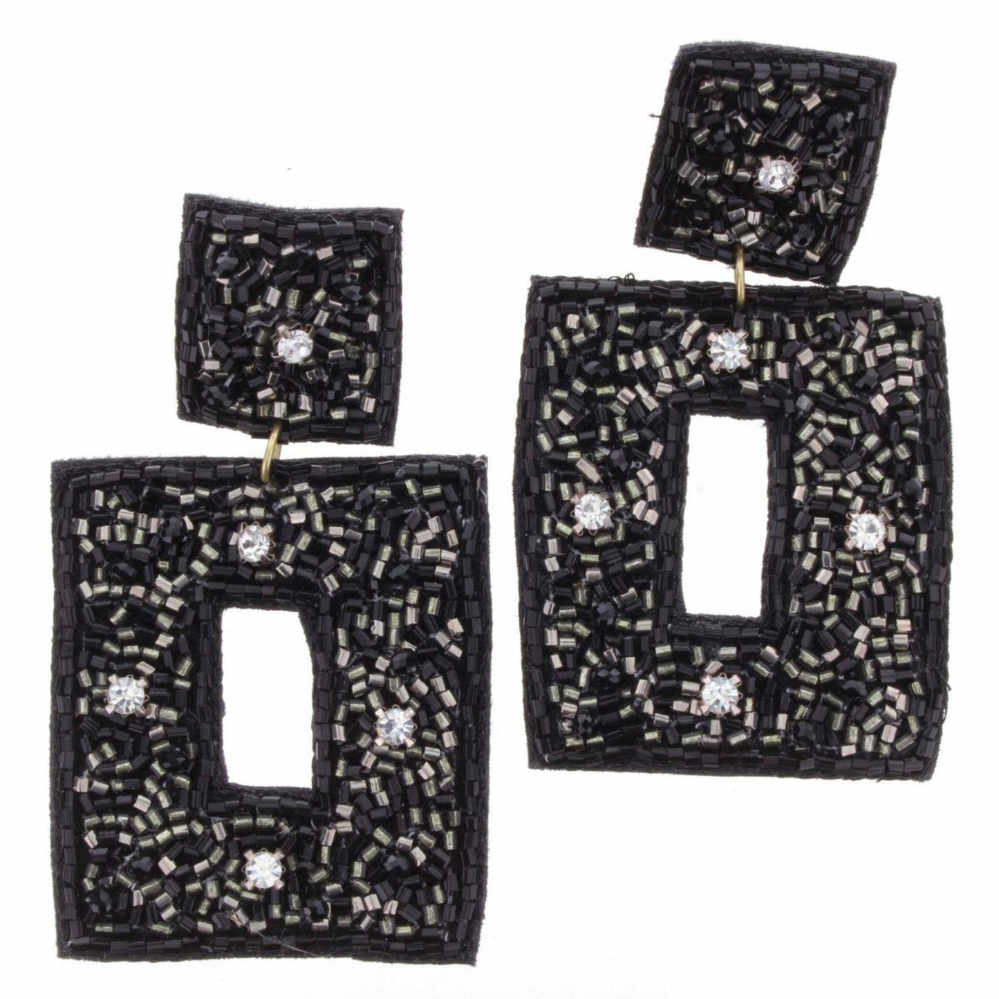 Black and Silver Beaded with Clear Rhinestones Open Square Earrings