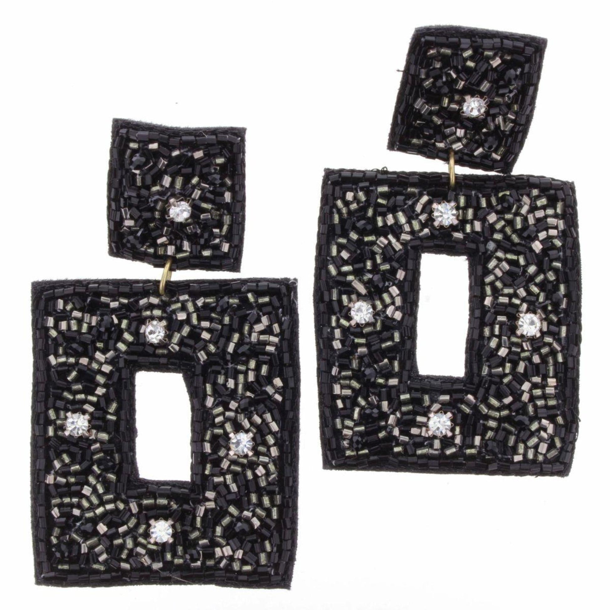 Black and Silver Beaded with Clear Rhinestones Open Square Earrings