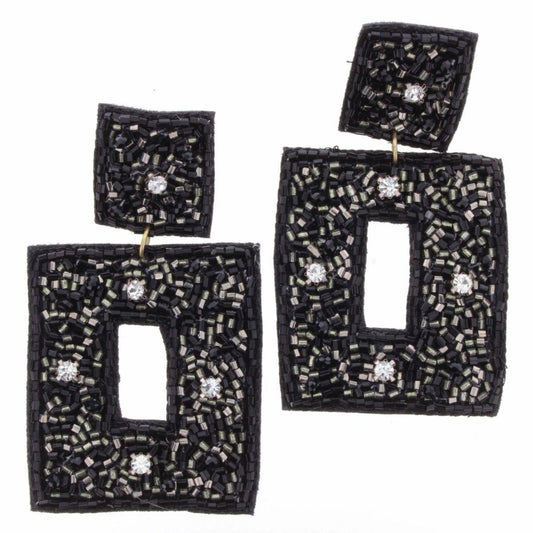 Black and Silver Beaded with Clear Rhinestones Open Square Earrings