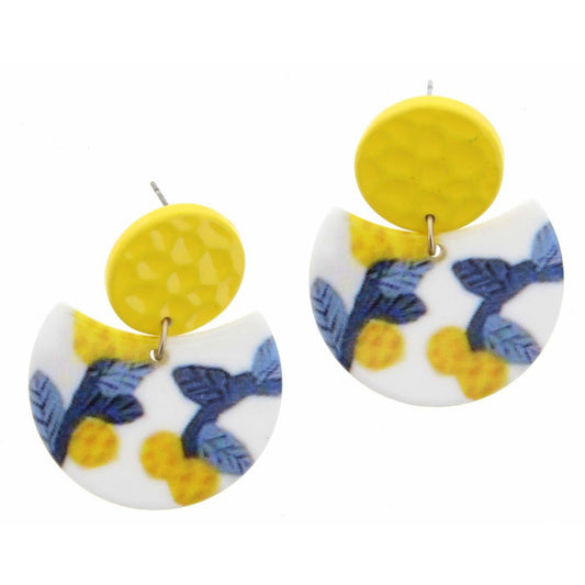 Yellow Disk with Lemon Print Partial Circle Earring