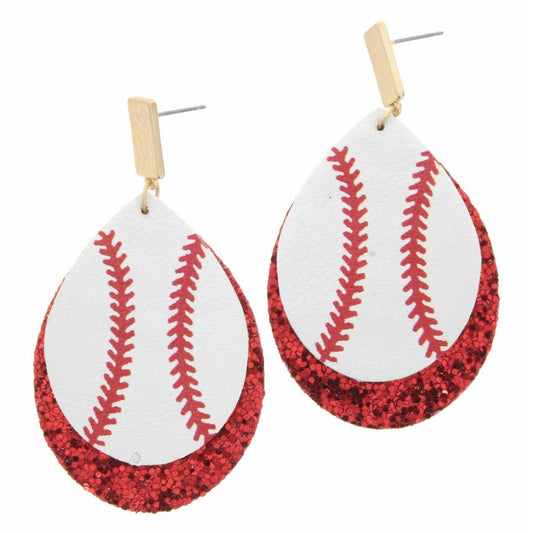 Gold Post with Double Layer Baseball & Red Glitter Teardrop Earring