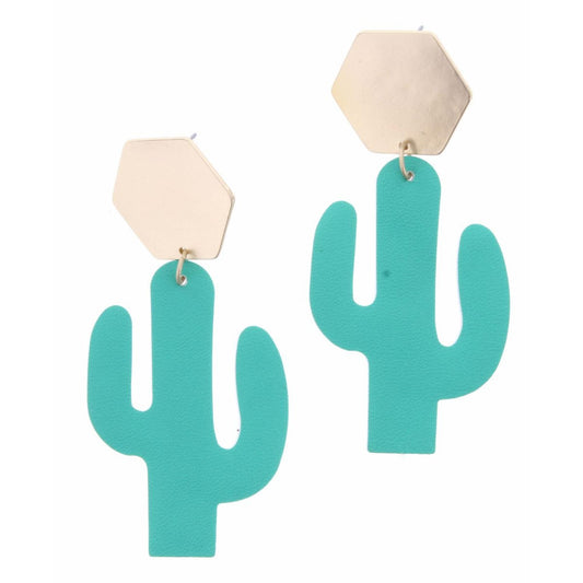 Gold Hexagon Post with Mint Leather Cactus Earring