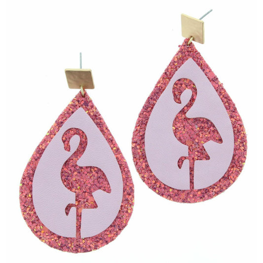 Gold Post with Pink Leather Cut Out Flamingo On Pink Glitter Teardrop Earring