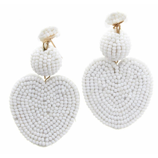 White Beaded Post, Ball & Heart Earring