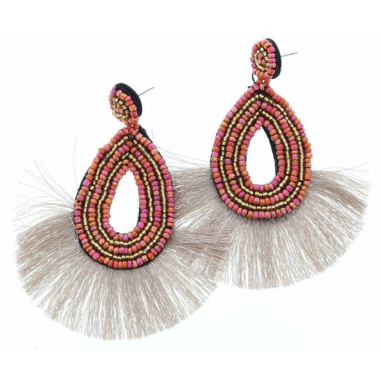 Sunset Beaded Post & Teardrop with Beige Tassel Fan Earring