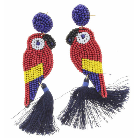 Navy Beaded Post with Parrot with Navy Tassel Earring