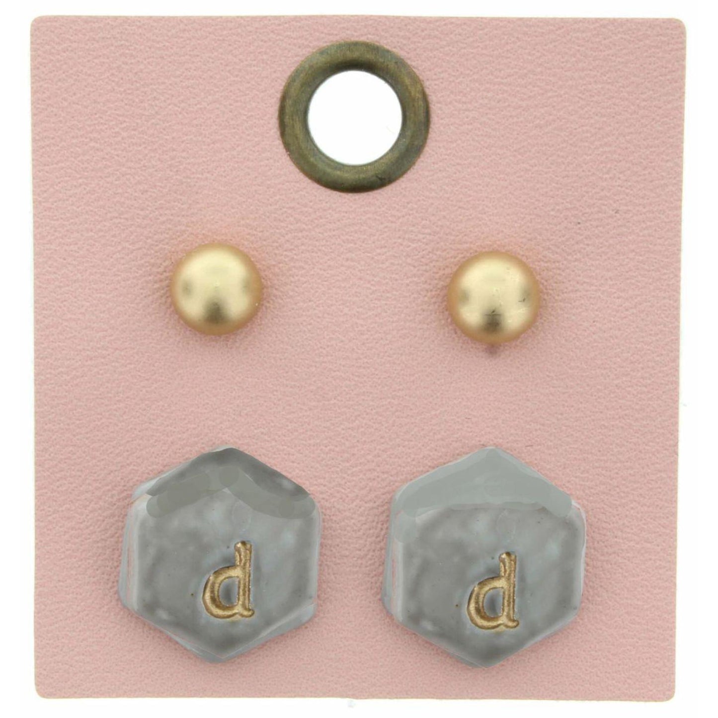 Gold Studs & Grey Stamped Initial "D" Hexagon Earring
