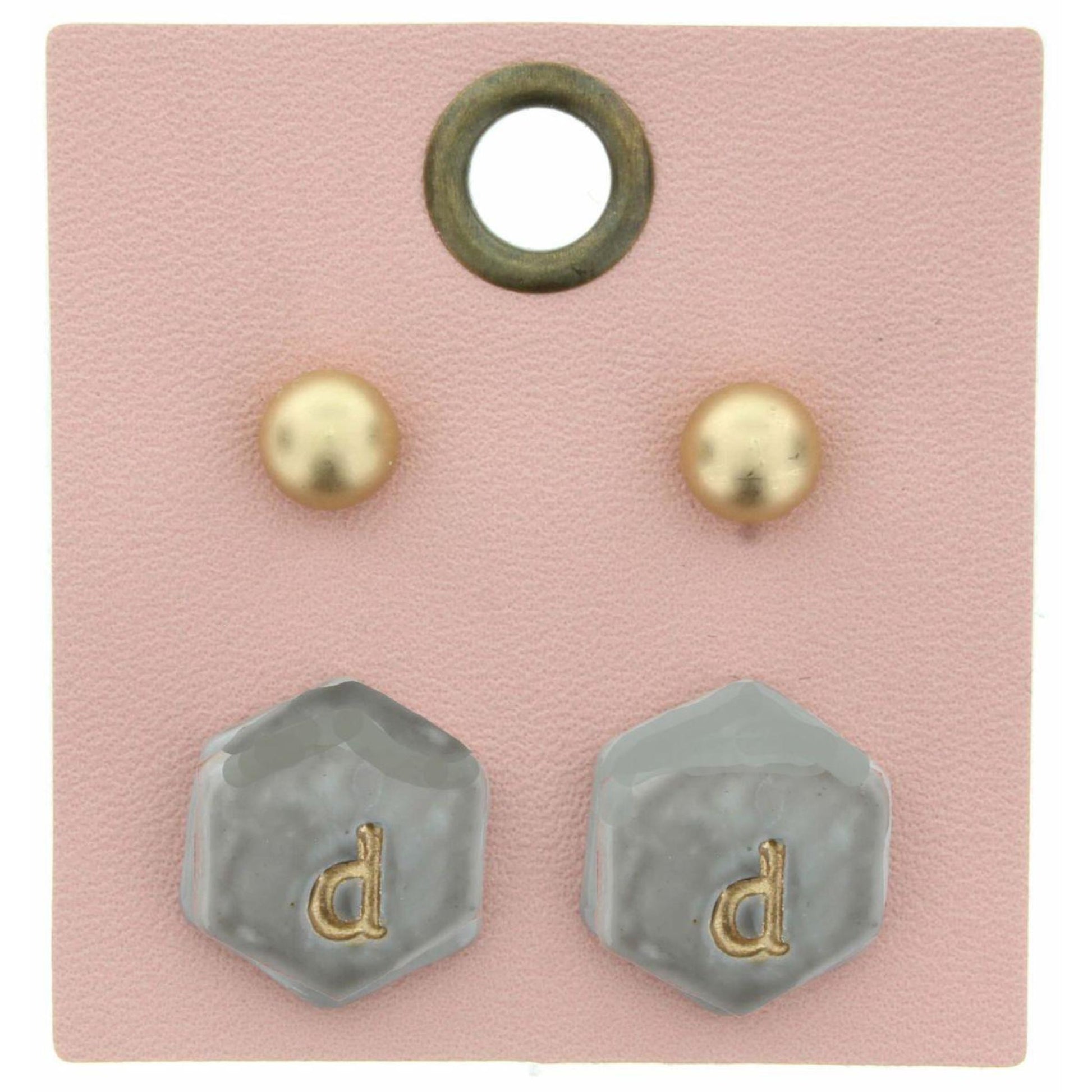 Gold Studs & Grey Stamped Initial "D" Hexagon Earring